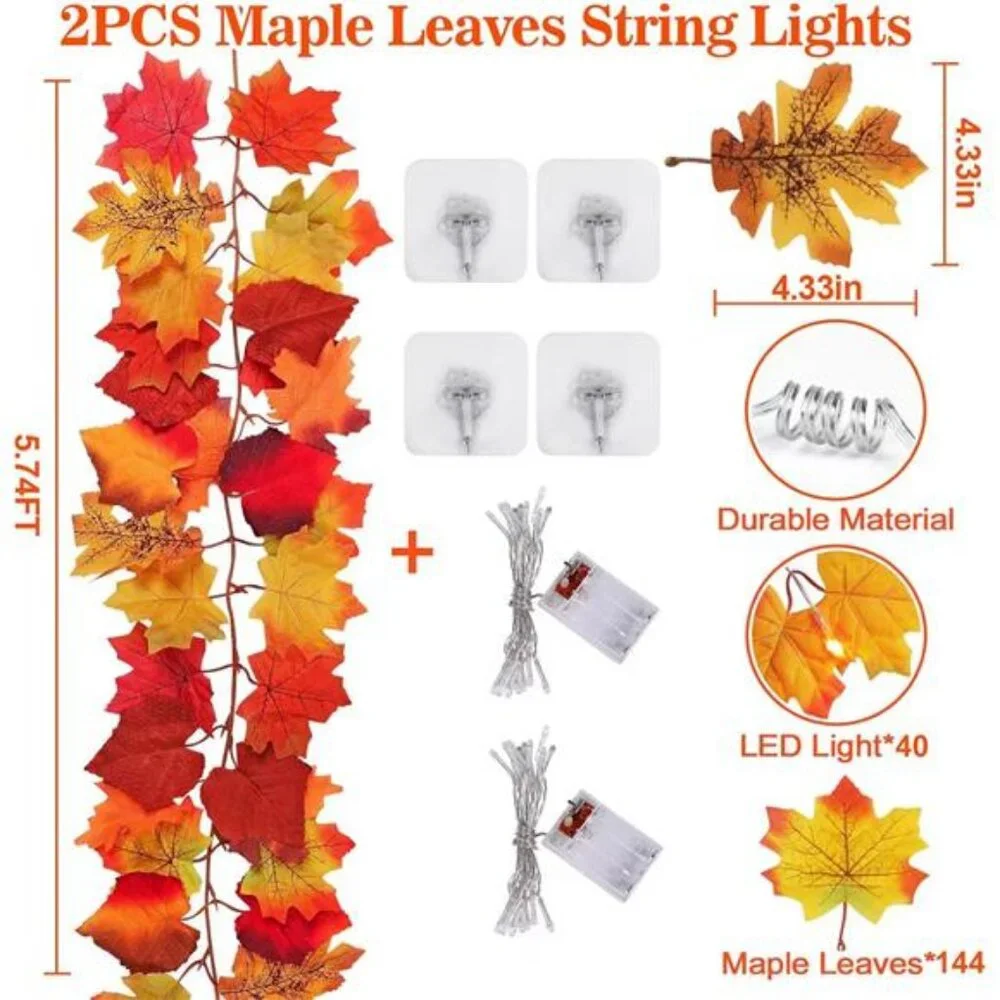 2 Pack Fall Decor for Home Thanksgiving Decorations Lighted Fall Garland Maple